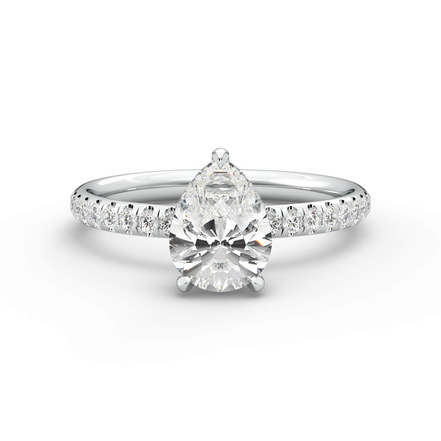 טבעת זהב לבן 14K משובץ ביהלום בחיתוך טיפה עם אבני צד