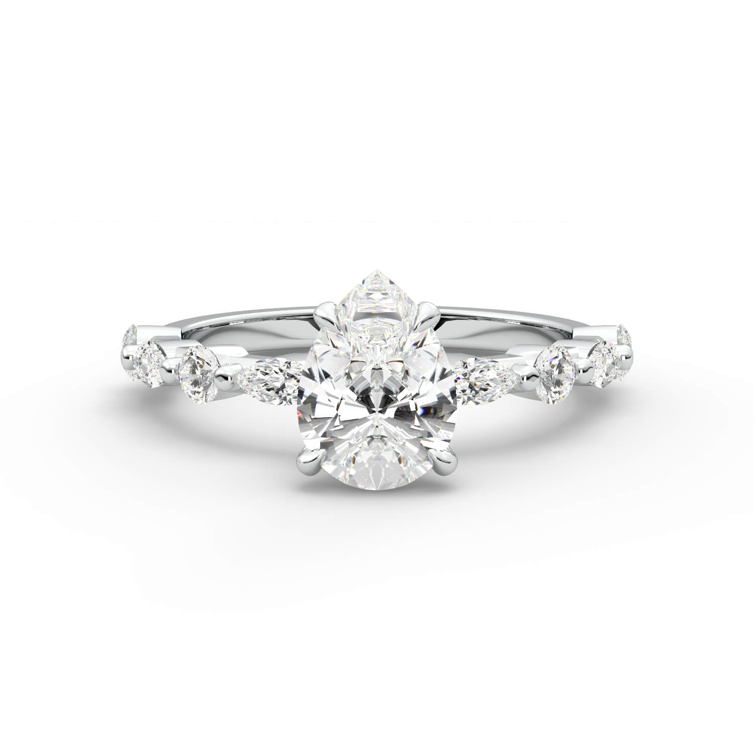 טבעת זהב לבן 14K משובץ ביהלום בחיתוך טיפה עם שיבוץ מרקיזות בצד