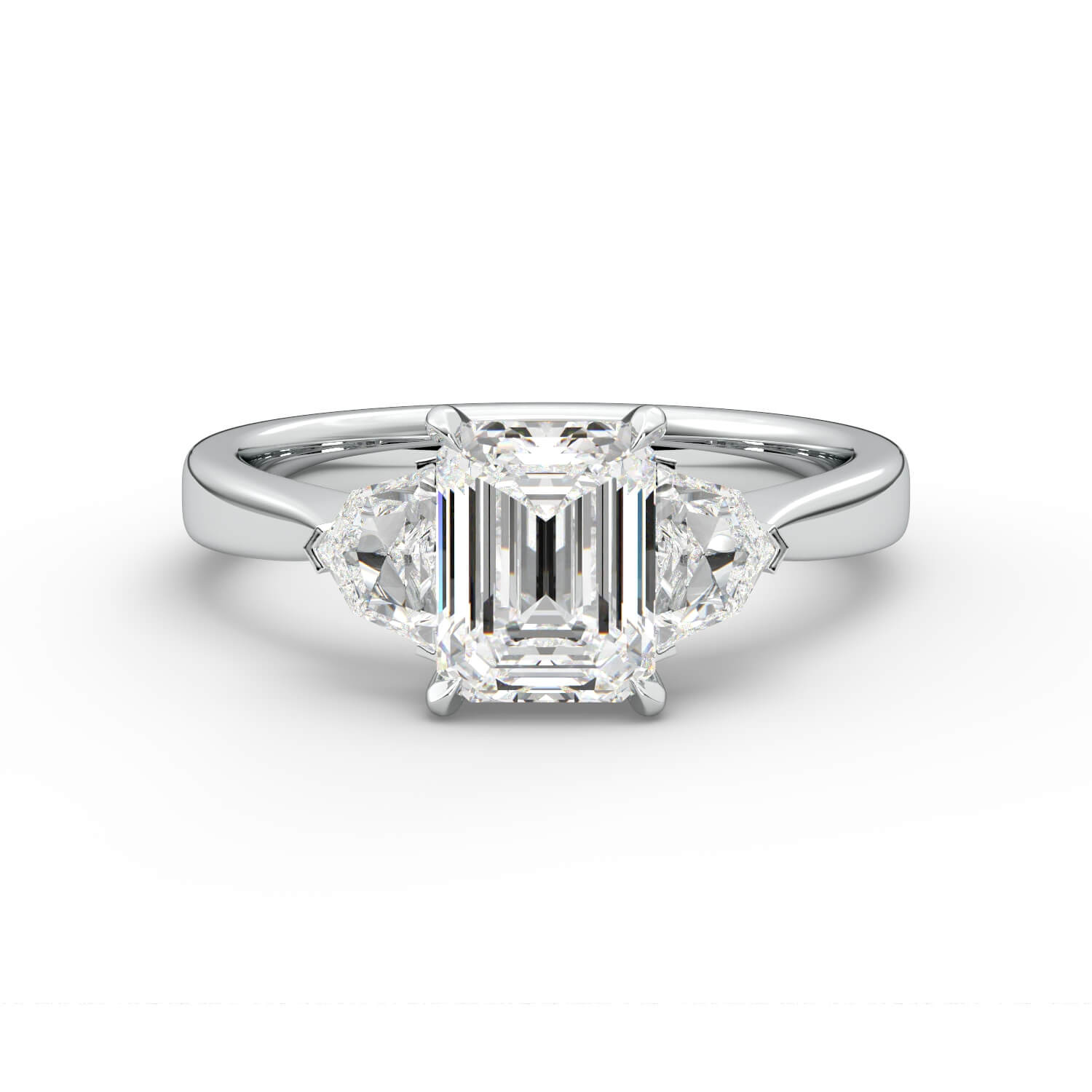 טבעת זהב לבן 14K שלוש אבנים משובץ ביהלום בחיתוך אמרלד ושני קדילאקים