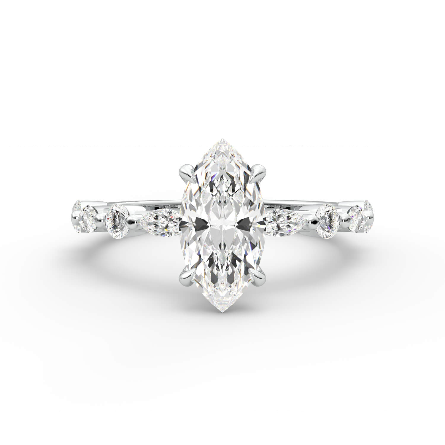 טבעת זהב לבן 14K משובץ ביהלום בחיתוך מרקיזה עם שיבוץ מרקיזות בצד