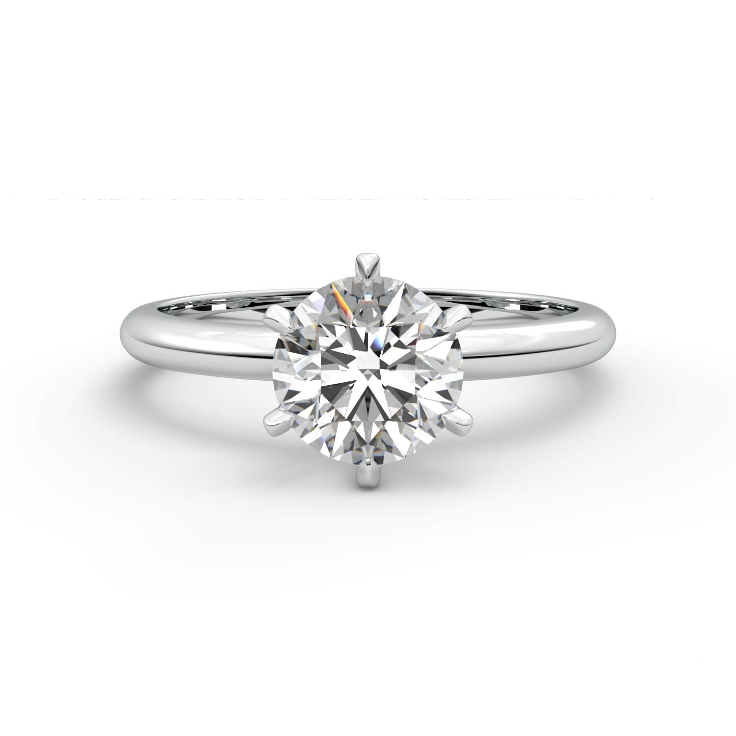 טבעת זהב לבן 14K סוליטר בשיבוץ יהלום עגול 6 שיניים