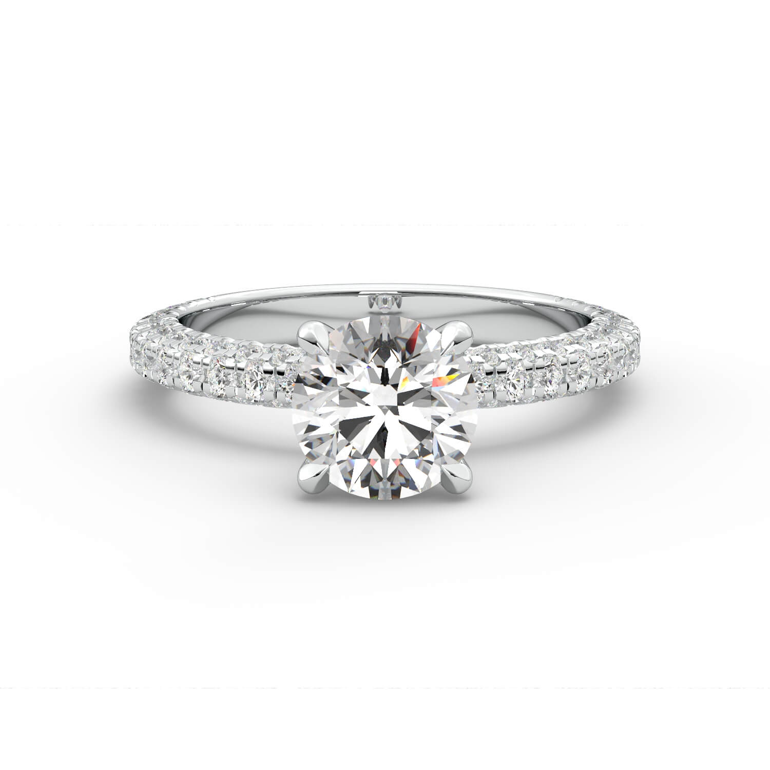 טבעת זהב לבן 14K עם אבני צד בשיבוץ יהלום עגול 4 שיניים בית משובץ