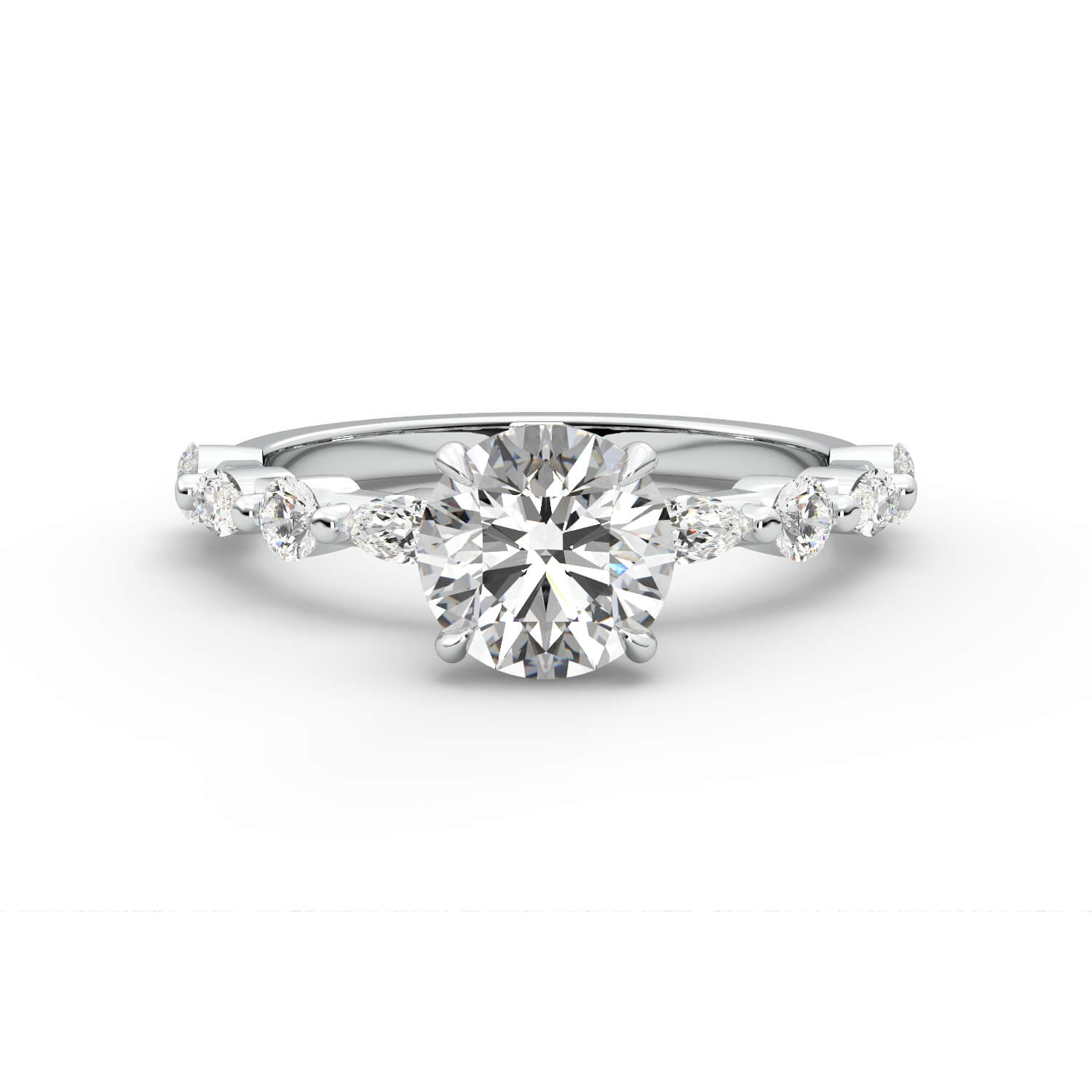 טבעת זהב לבן 14K חישוק מרקיזות בשיבוץ יהלום עגול 4 שיניים בית משובץ