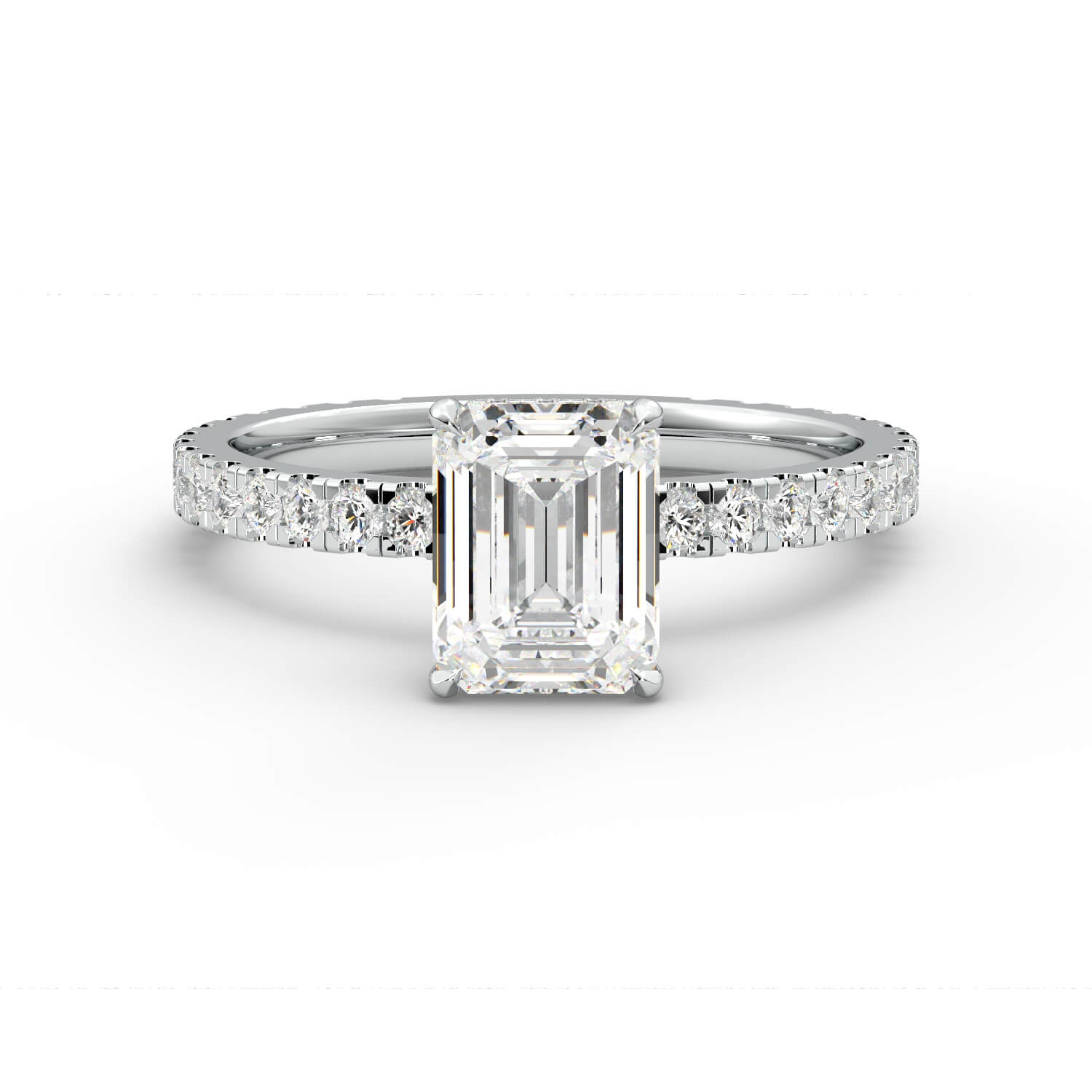 טבעת זהב לבן 14K משובץ ביהלום בחיתוך אמרלד עם אבנים בצד