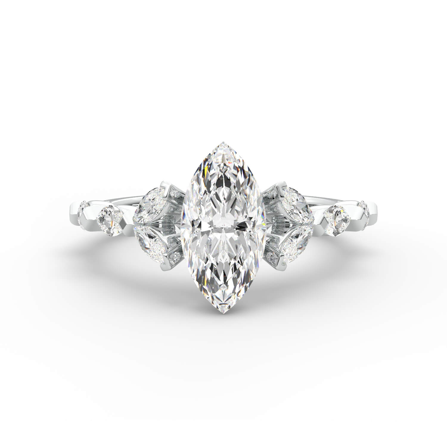 טבעת זהב לבן 14K משובץ ביהלום בחיתוך מרקיזה עם שיבוץ מרקיזות בצד