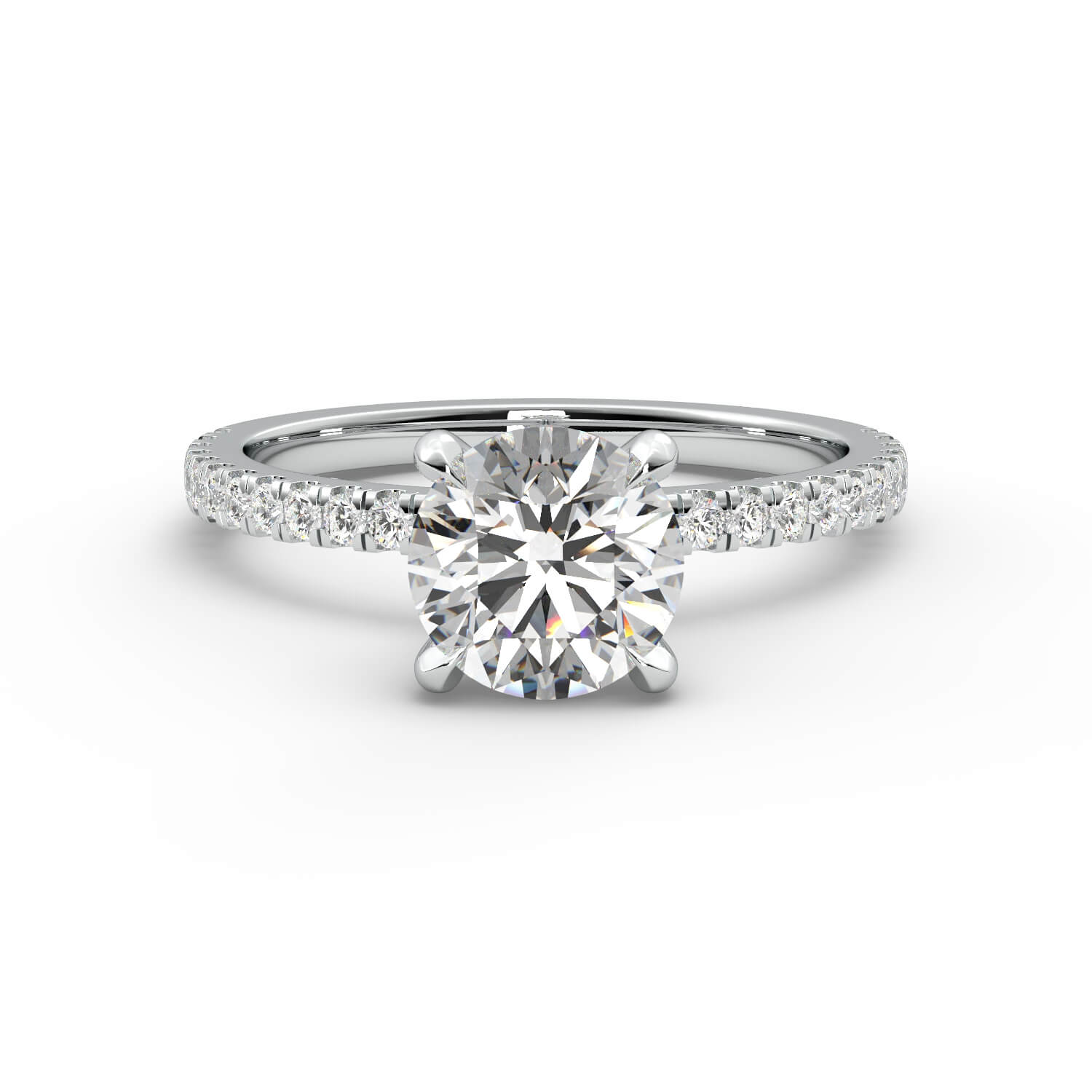 טבעת זהב לבן 14K עם אבני צד ופפיון בשיבוץ יהלום עגול 4 שיניים בית משובץ