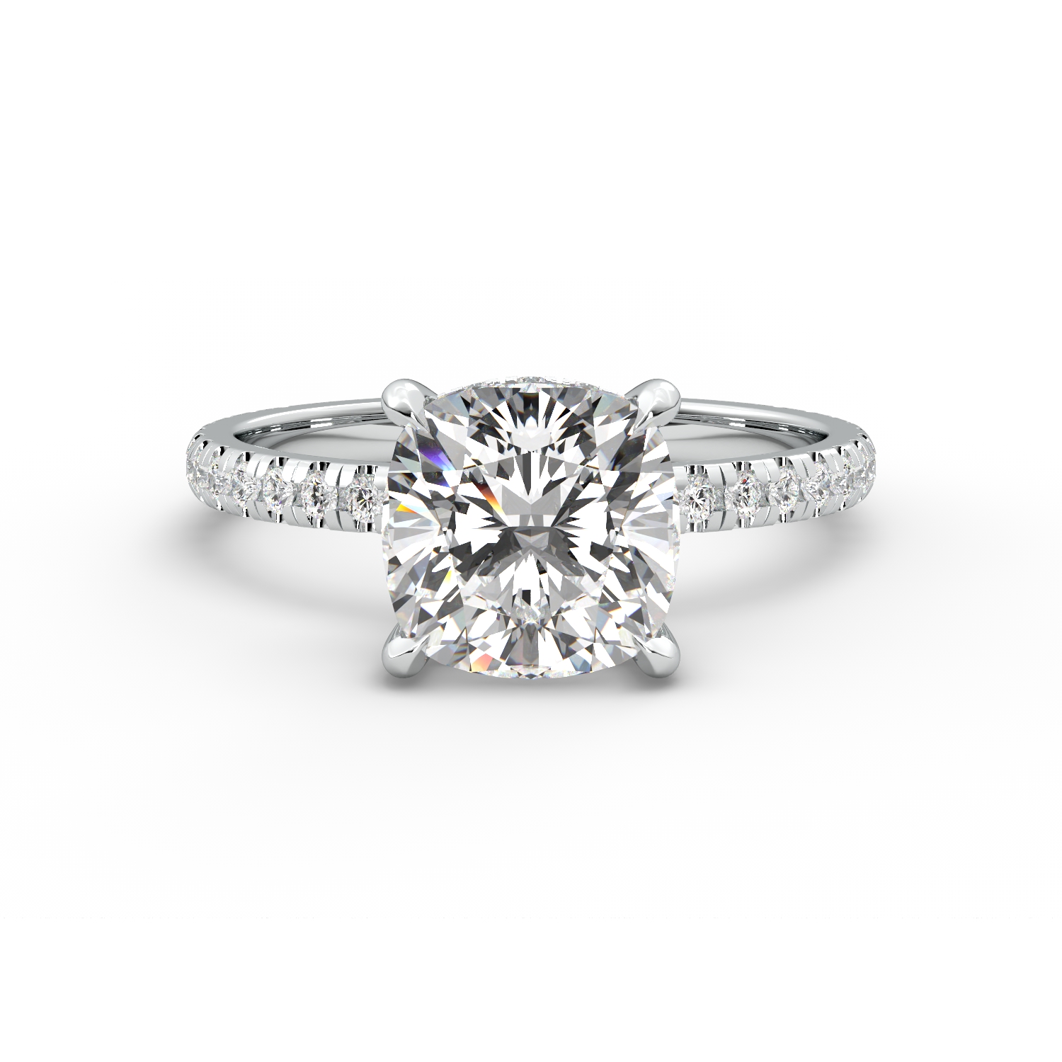 טבעת זהב לבן 14K משובץ ביהלום בחיתוך קושן עם אבני צד