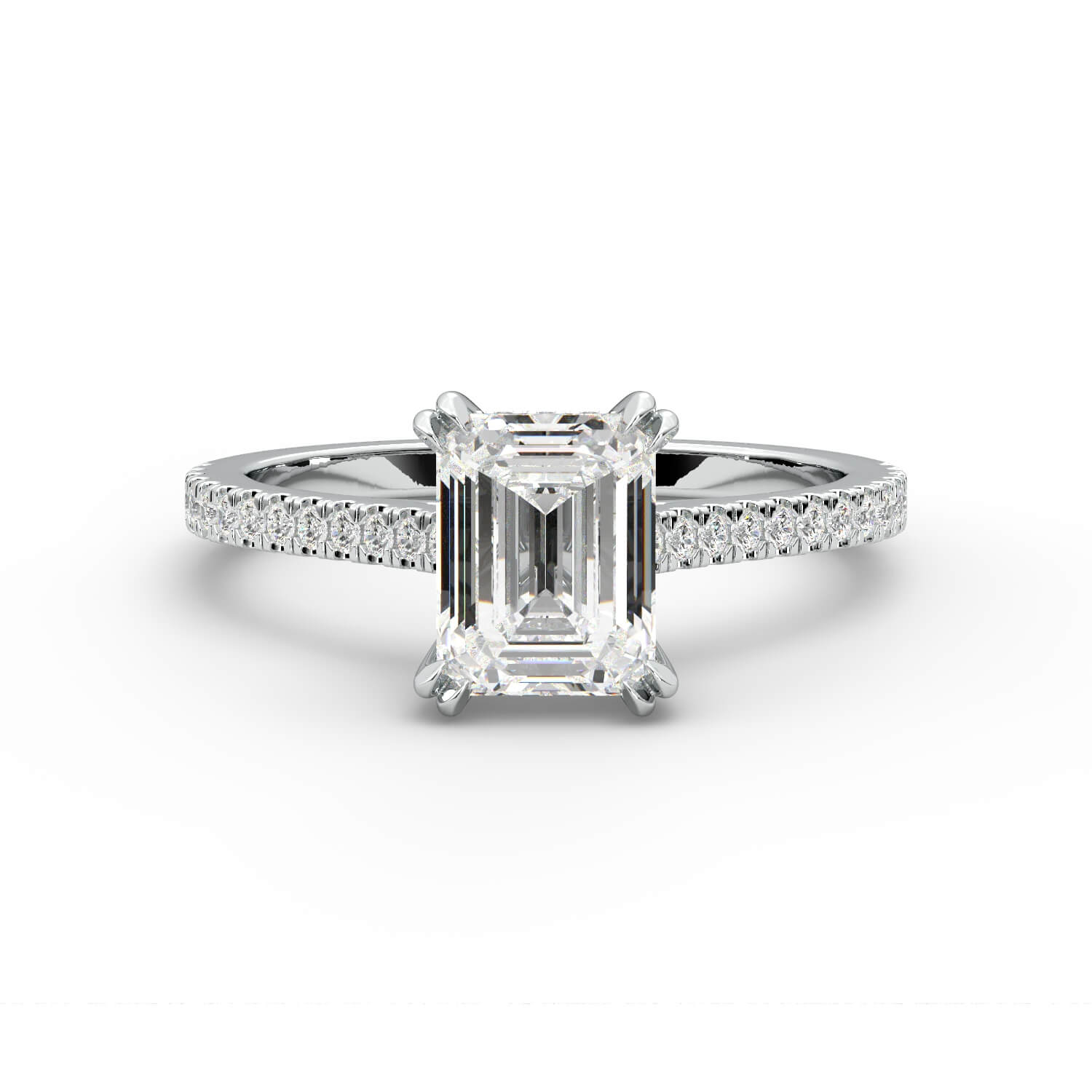 טבעת זהב לבן 14K משובץ ביהלום בחיתוך אמרלד עם אבנים בצד