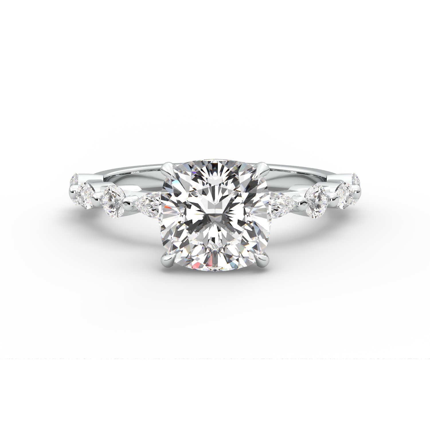 טבעת זהב לבן 14K משובץ ביהלום בחיתוך קושן עם שיבוץ מרקיזות בצד