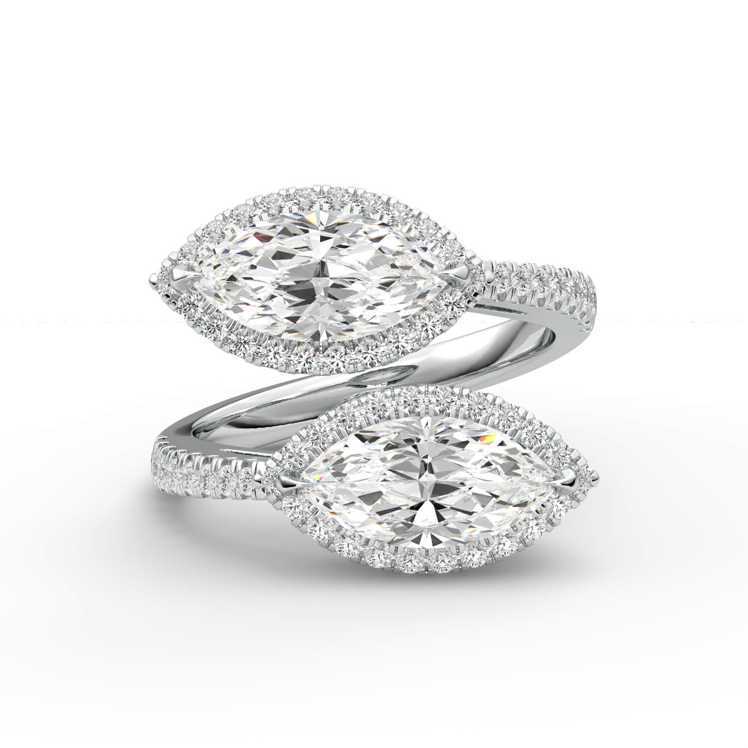 טבעת זהב לבן 14K שני יהלומים בחיתוך מרקיזה