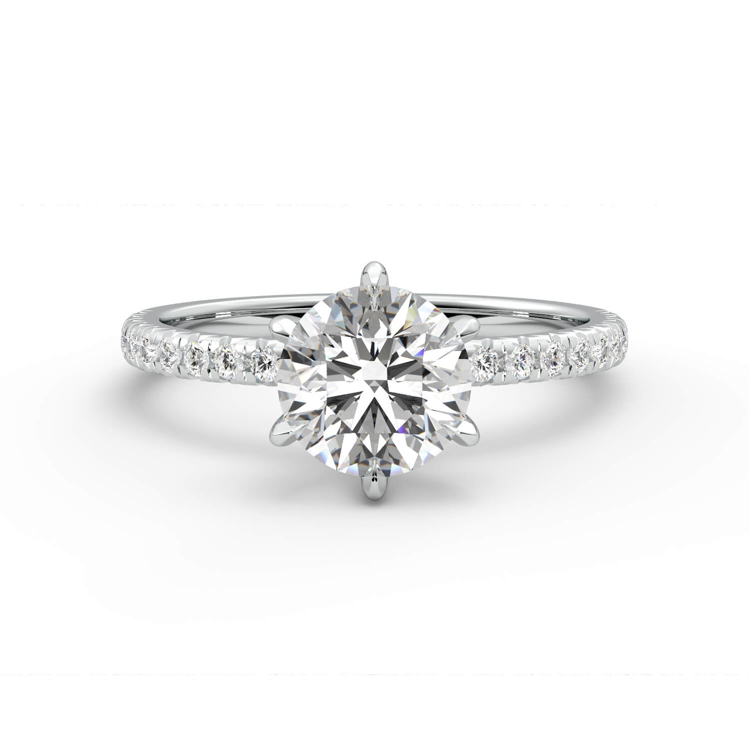 טבעת זהב לבן 14K סוליטר חישוק משובץ בשיבוץ יהלום עגול 6 שיניים