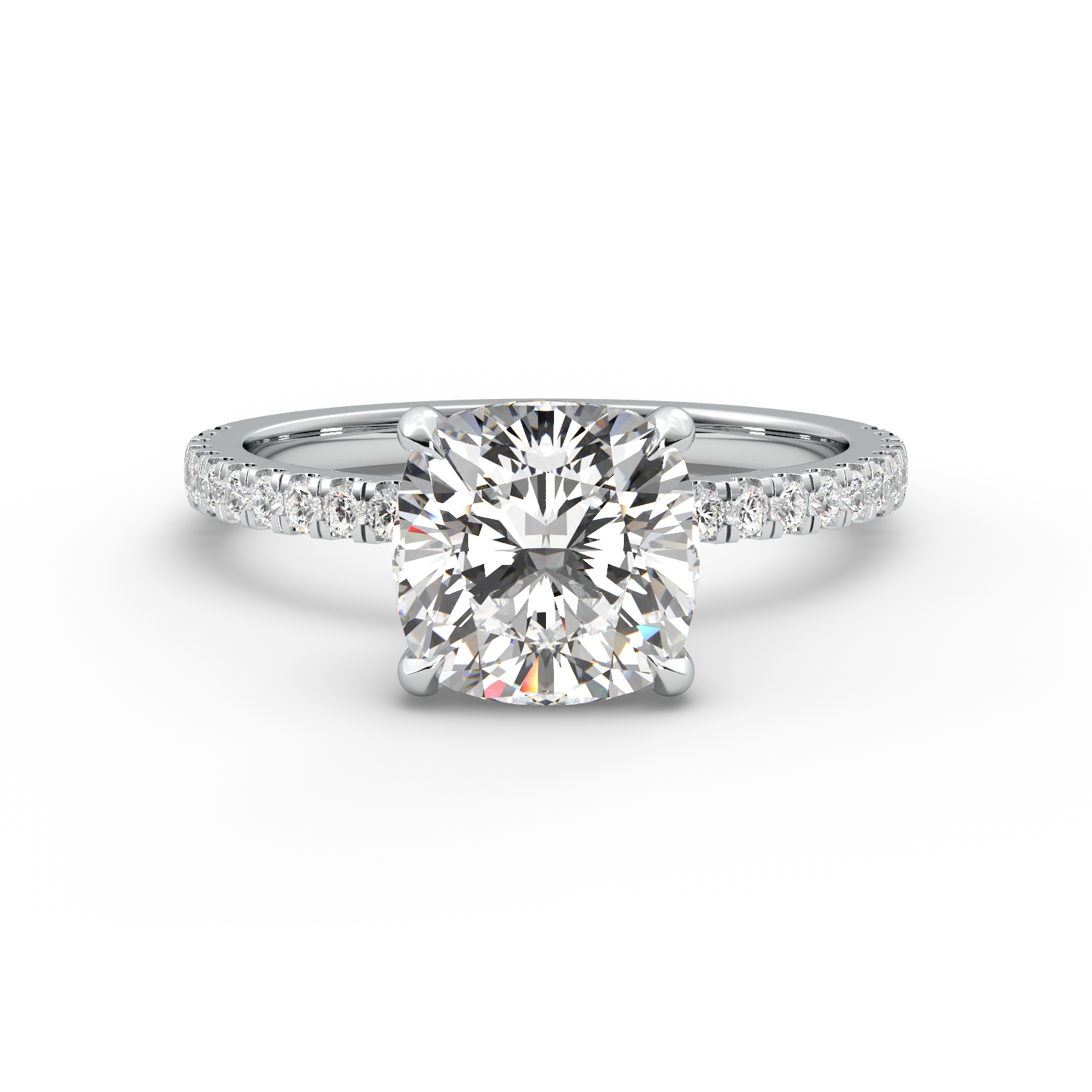 טבעת זהב לבן 14K משובץ ביהלום בחיתוך קושן עם אבני צד