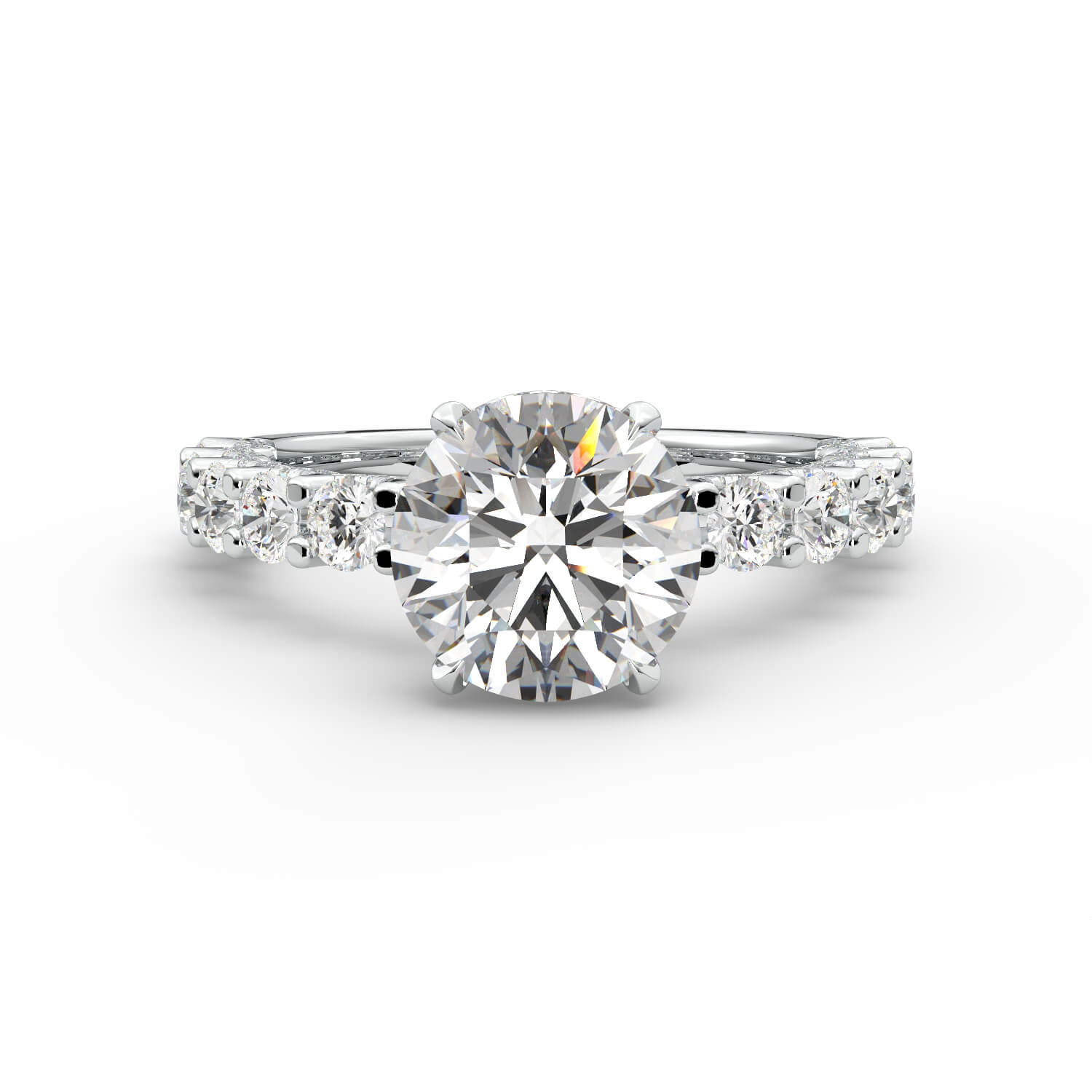 טבעת זהב לבן 14K עם אבני צד שיבוץ U משובץ בשיבוץ יהלום עגול 4 שיניים בית משובץ