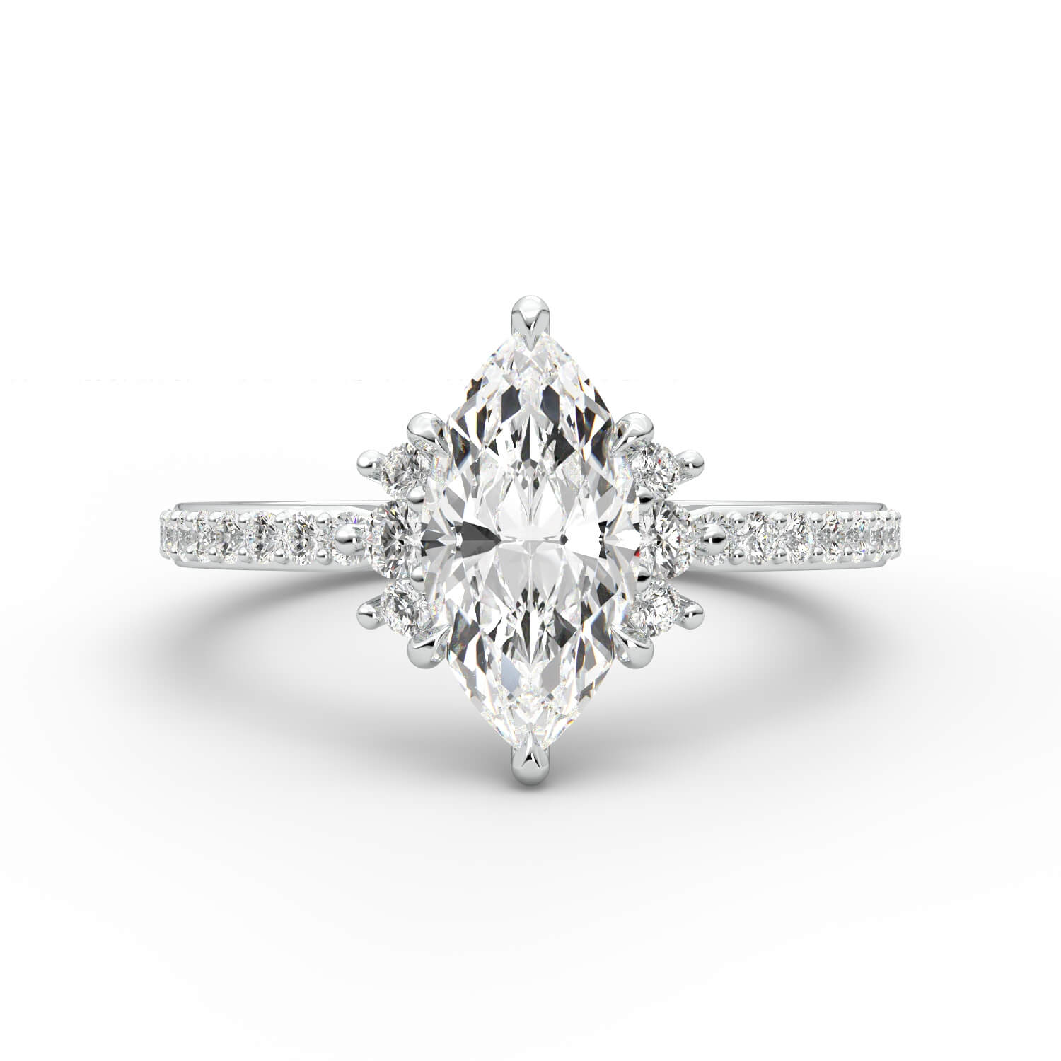 טבעת זהב לבן 14K משובץ ביהלום בחיתוך מרקיזה הילו וחישוק יהלומים