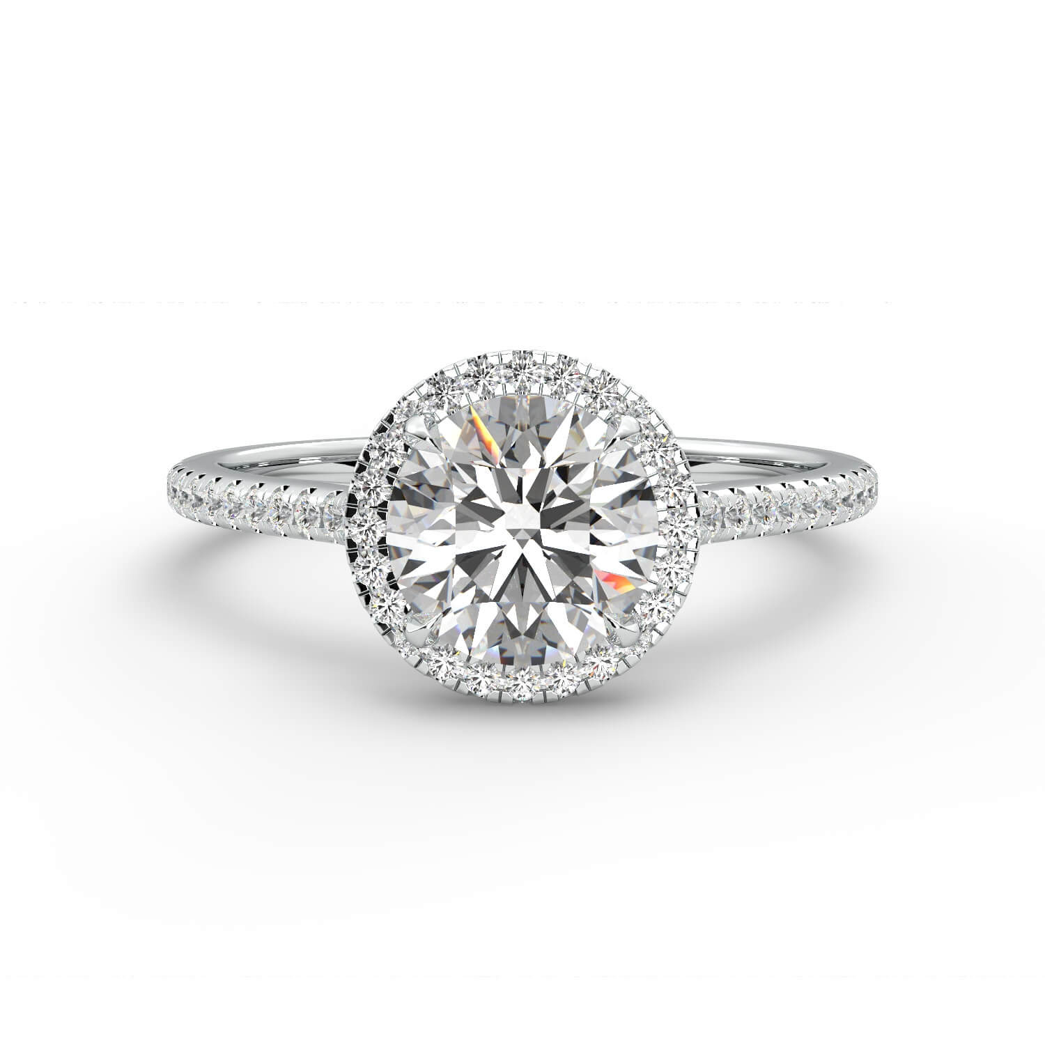 טבעת זהב לבן 14K היילו בשיבוץ יהלום עגול 4 שיניים בית משובץ חישוק דק