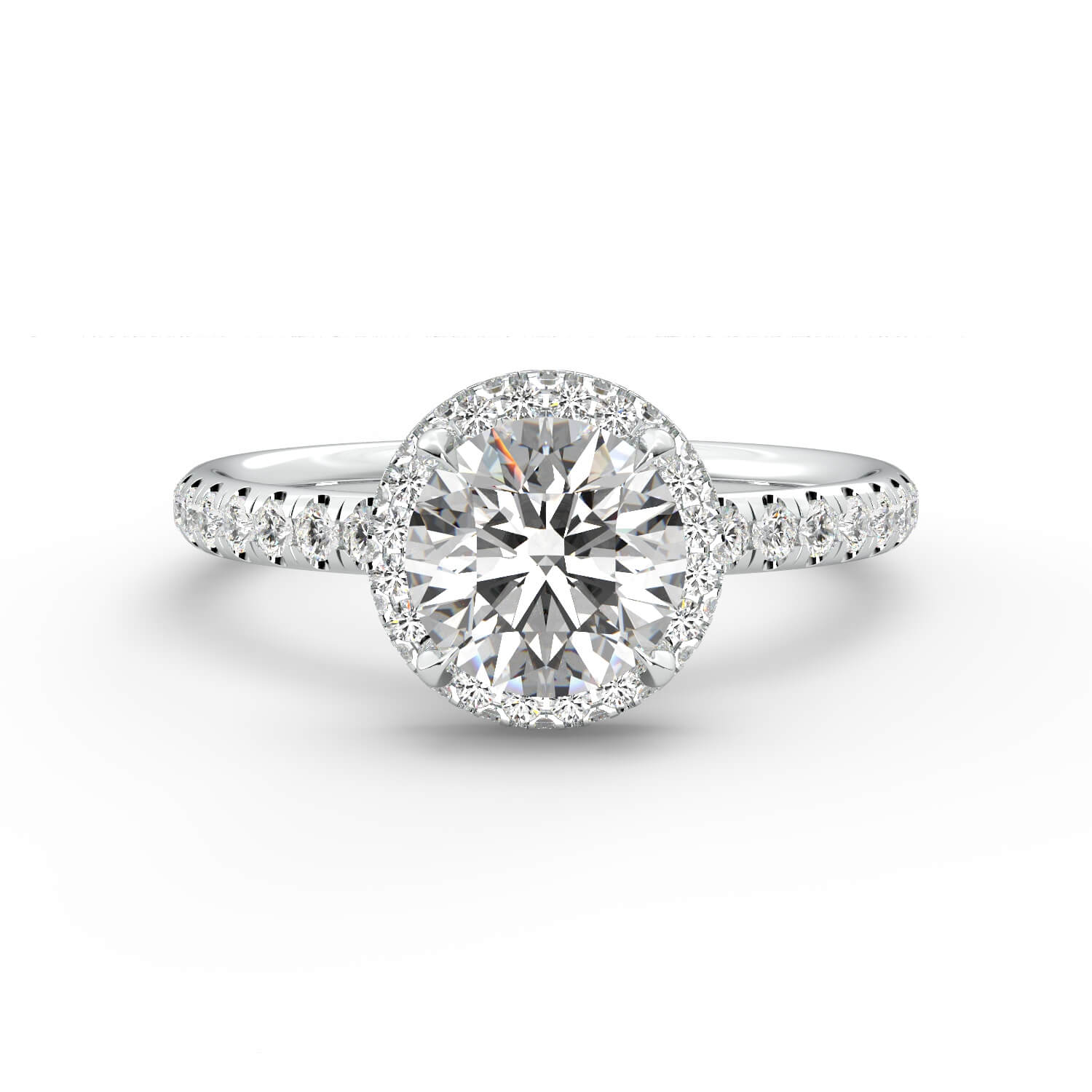 טבעת זהב לבן 14K היילו בשיבוץ יהלום עגול 4 שיניים בית משובץ חישוק דק