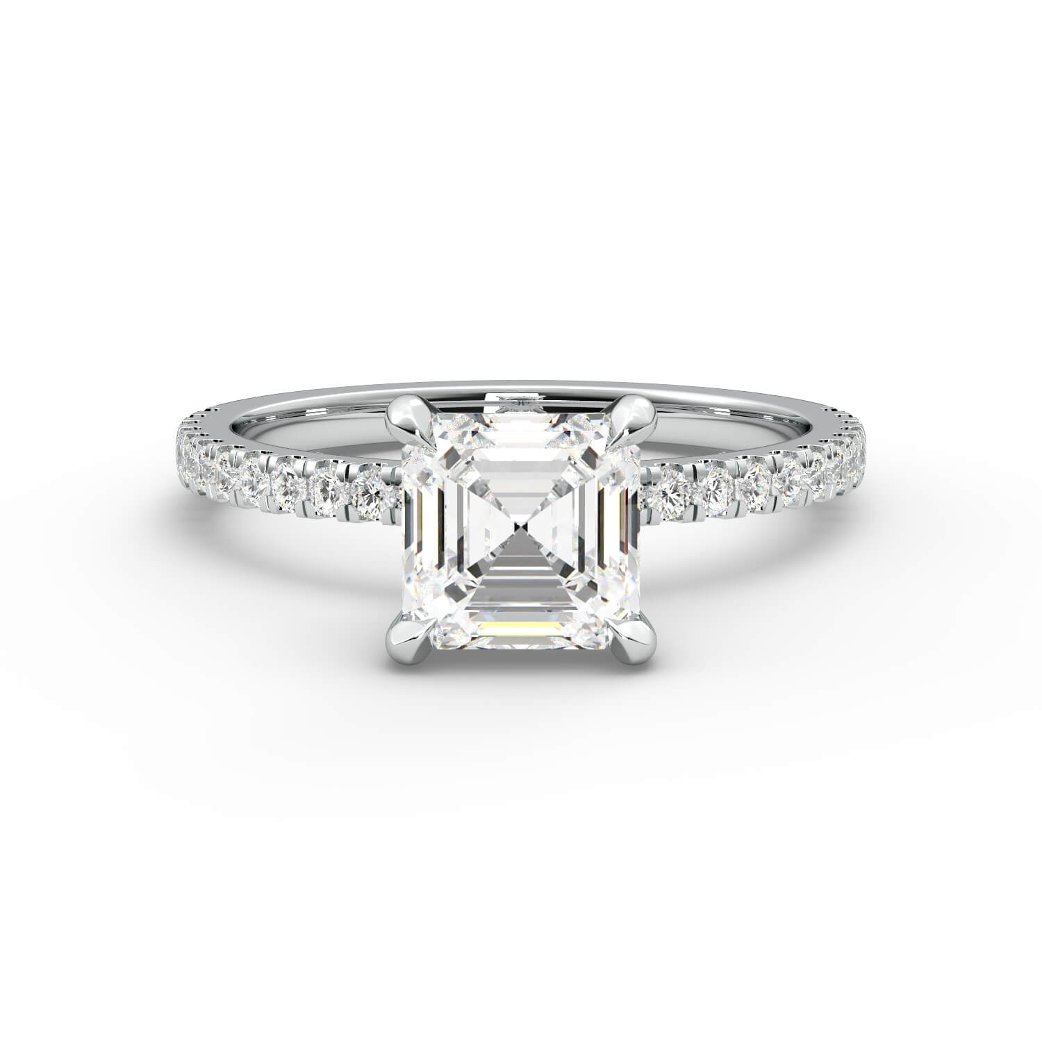 טבעת זהב לבן 14K משובץ ביהלום בחיתוך אשרקט עם יהלומים בצד